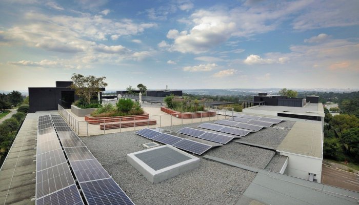 A rooftop solar PV installation at Emira's Knightsbridge Office Park in Bryanston.